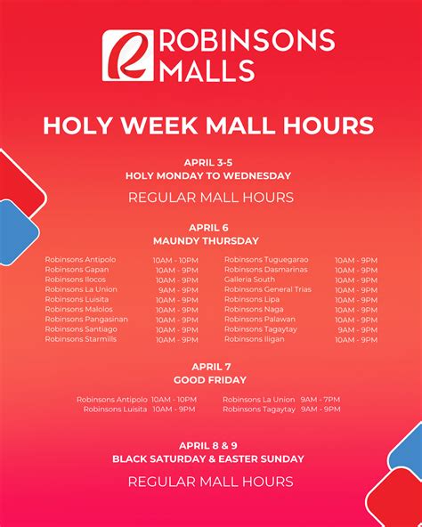 Robinsons Malls releases Holy Week schedule .